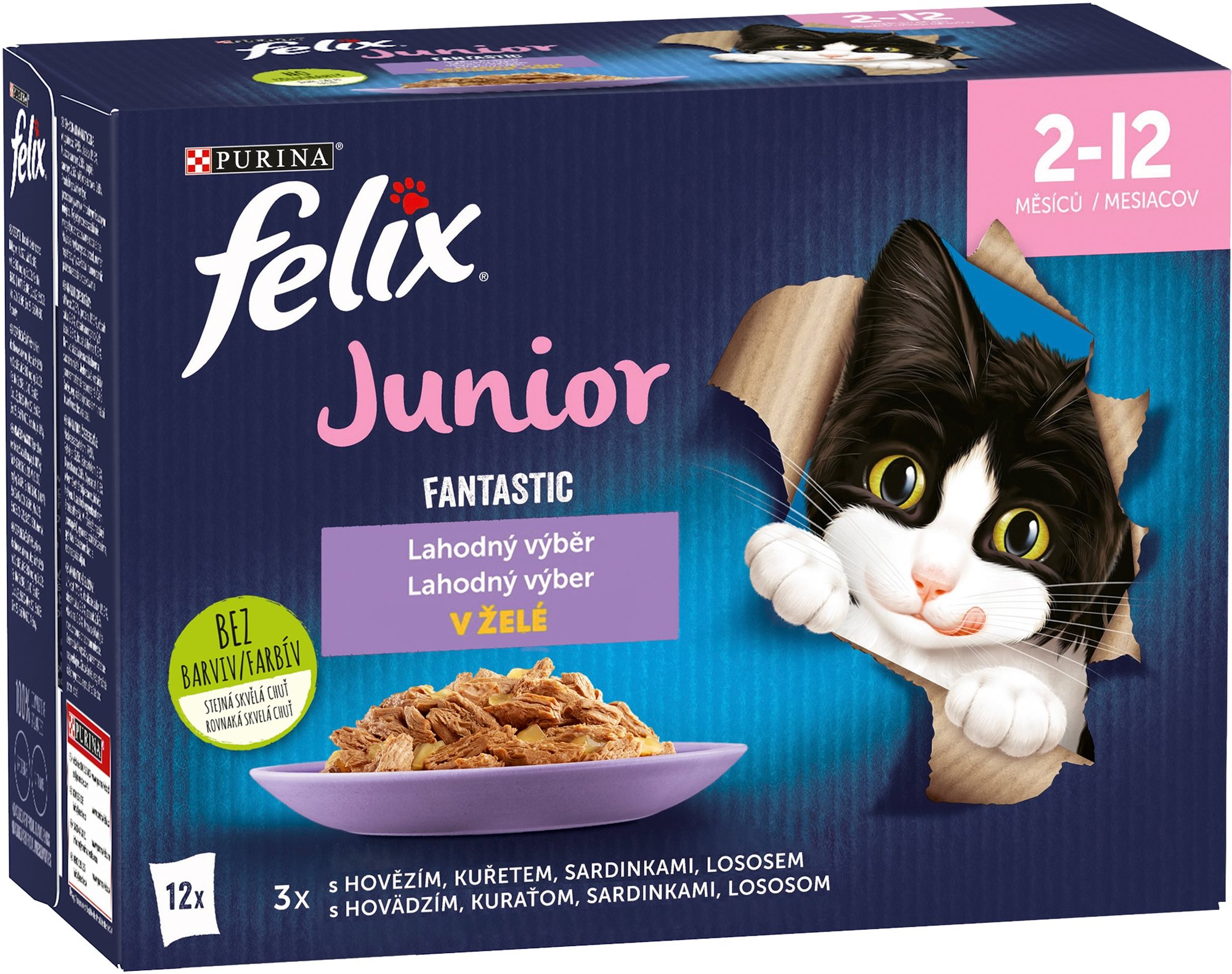 Felix Fantastic Junior kapsičky pre mačiatka hovädzie, kura, sardinky, losos v želé 12× 85 g
