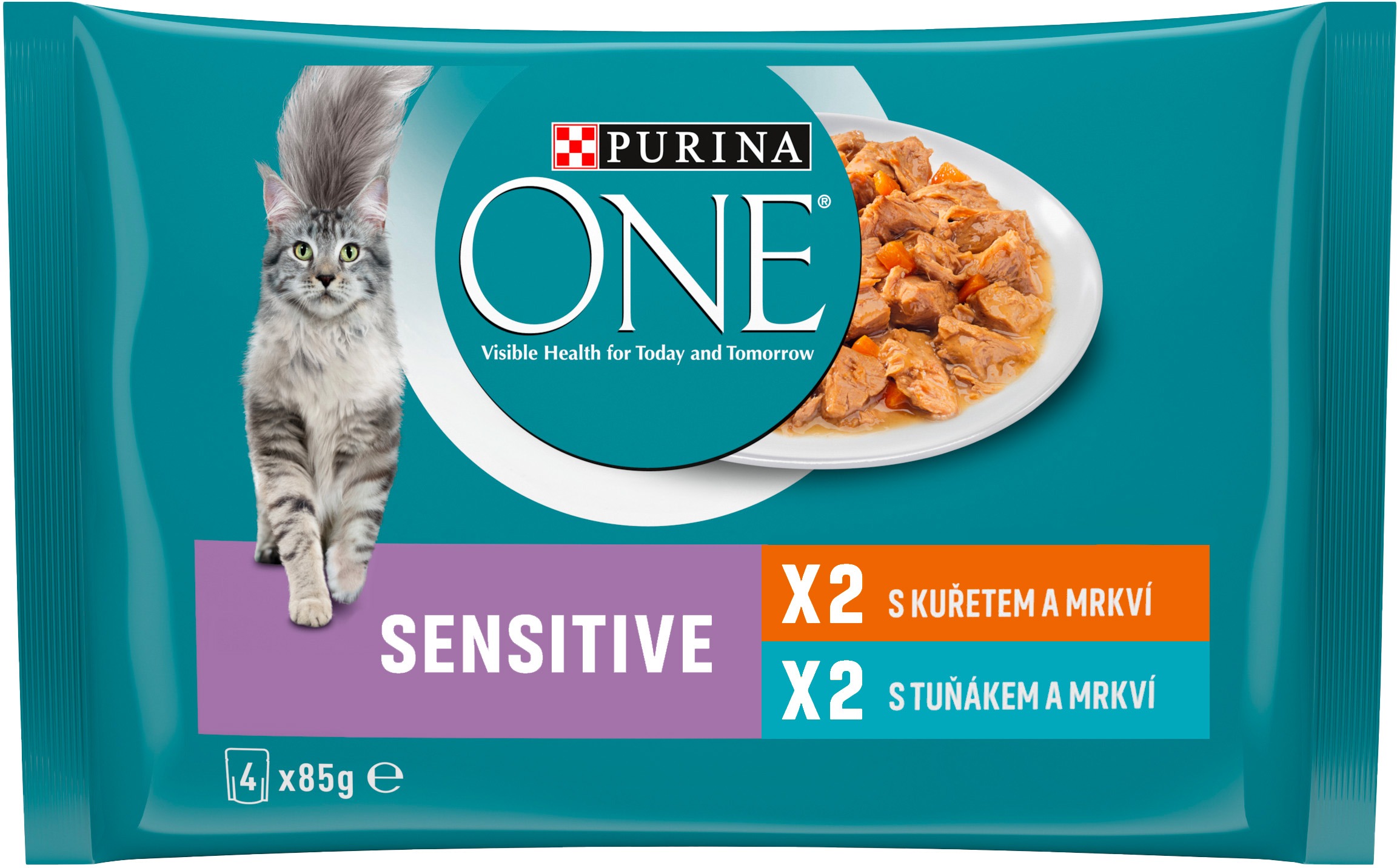 Purina ONE Sensitive kapsičky pre mačky kura, tuniak v šťave 4× 85 g