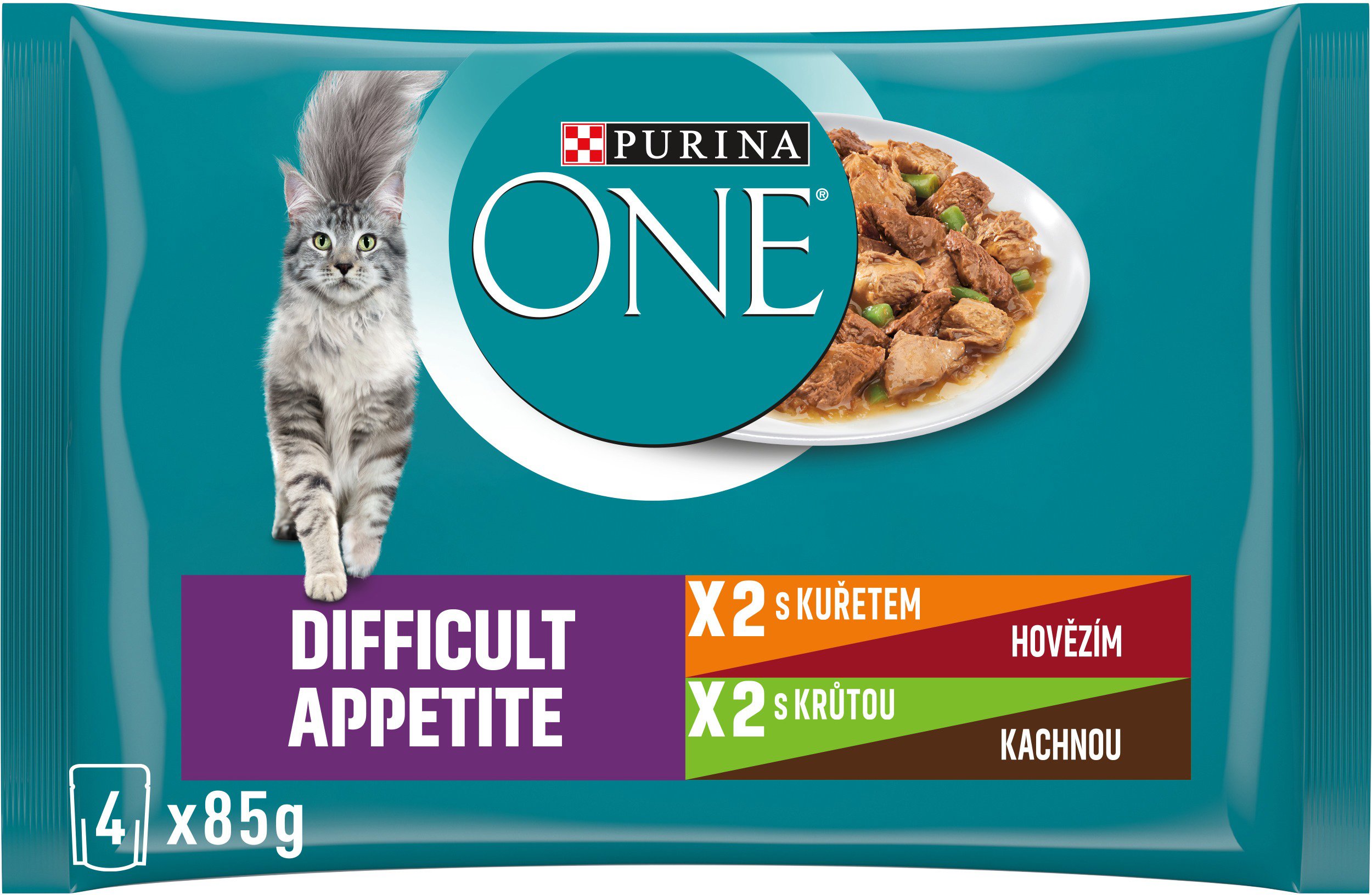 Purina ONE Difficult Appetite kapsičky pre mačky kura, hovädzie, morka, kačica v šťave 4× 85 g