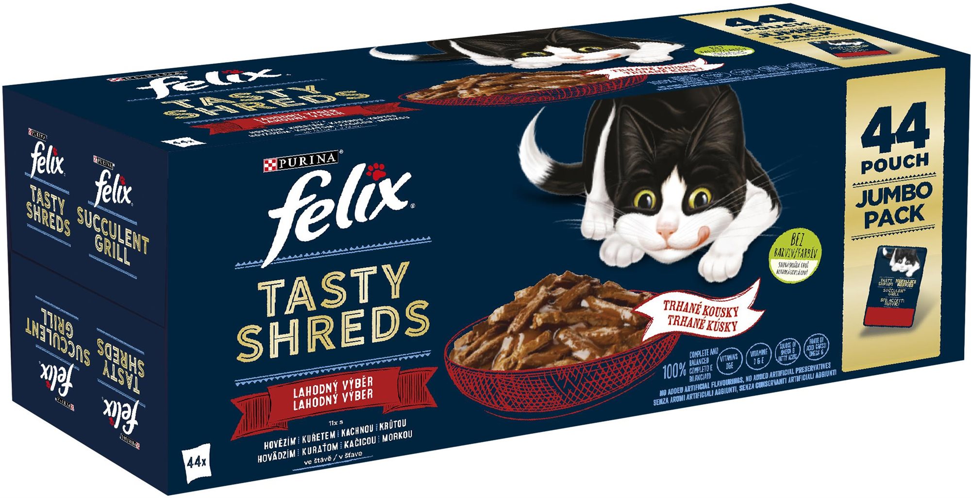 Felix Tasty Shreds kapsičky pre mačky hovädzie, kura, kačica, morka v šťave 44× 80 g