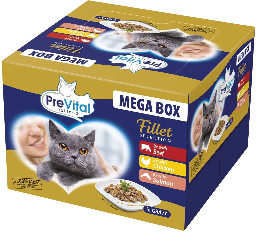 PreVital Mega Box filetky s hovädzím, kuracím a lososom v omáčke 24× 85 g