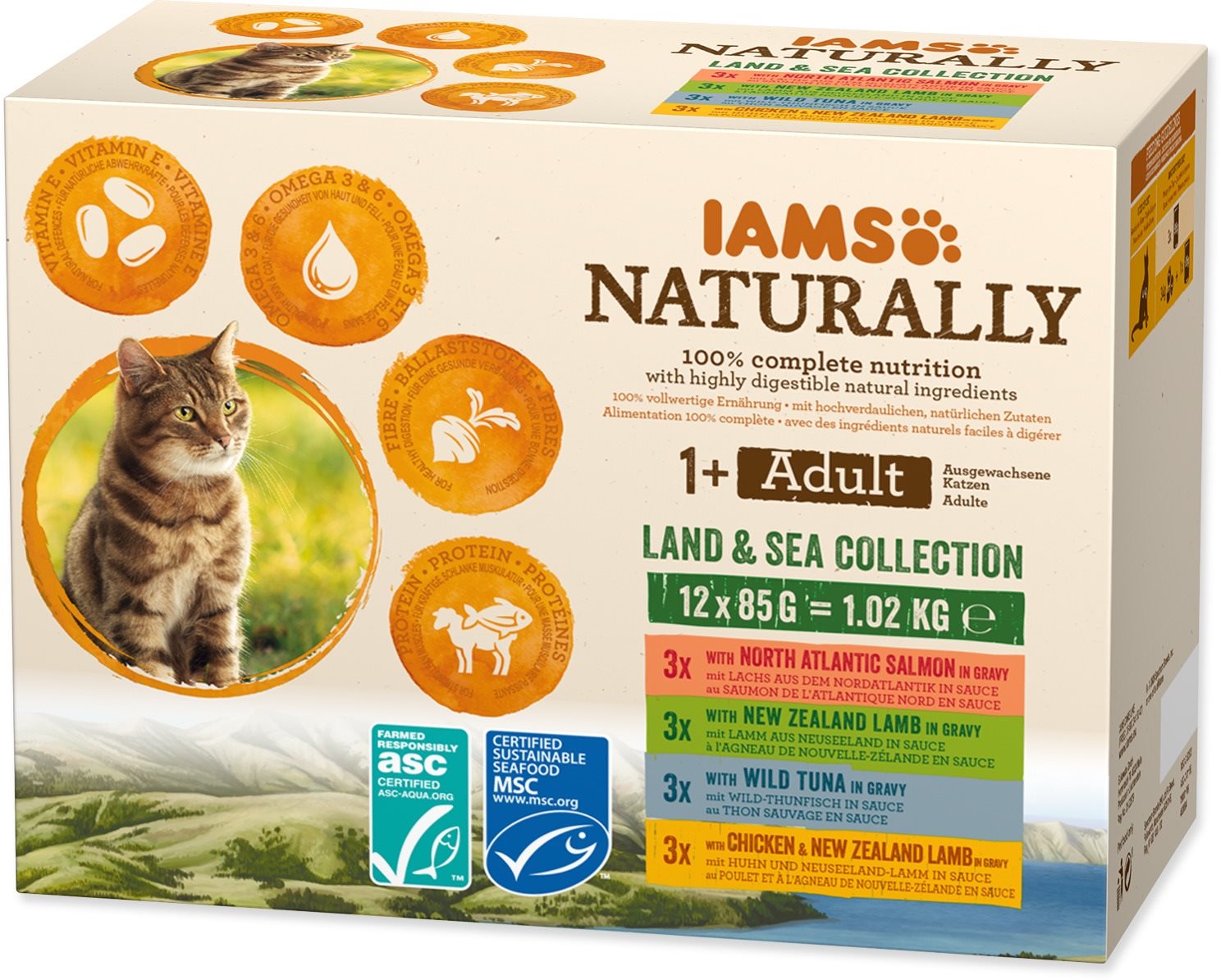 IAMS Naturally pre dospelé mačky s jahňacím, tuniakovým, lososovým a kuracím mäsom v omáčke 12 × 85