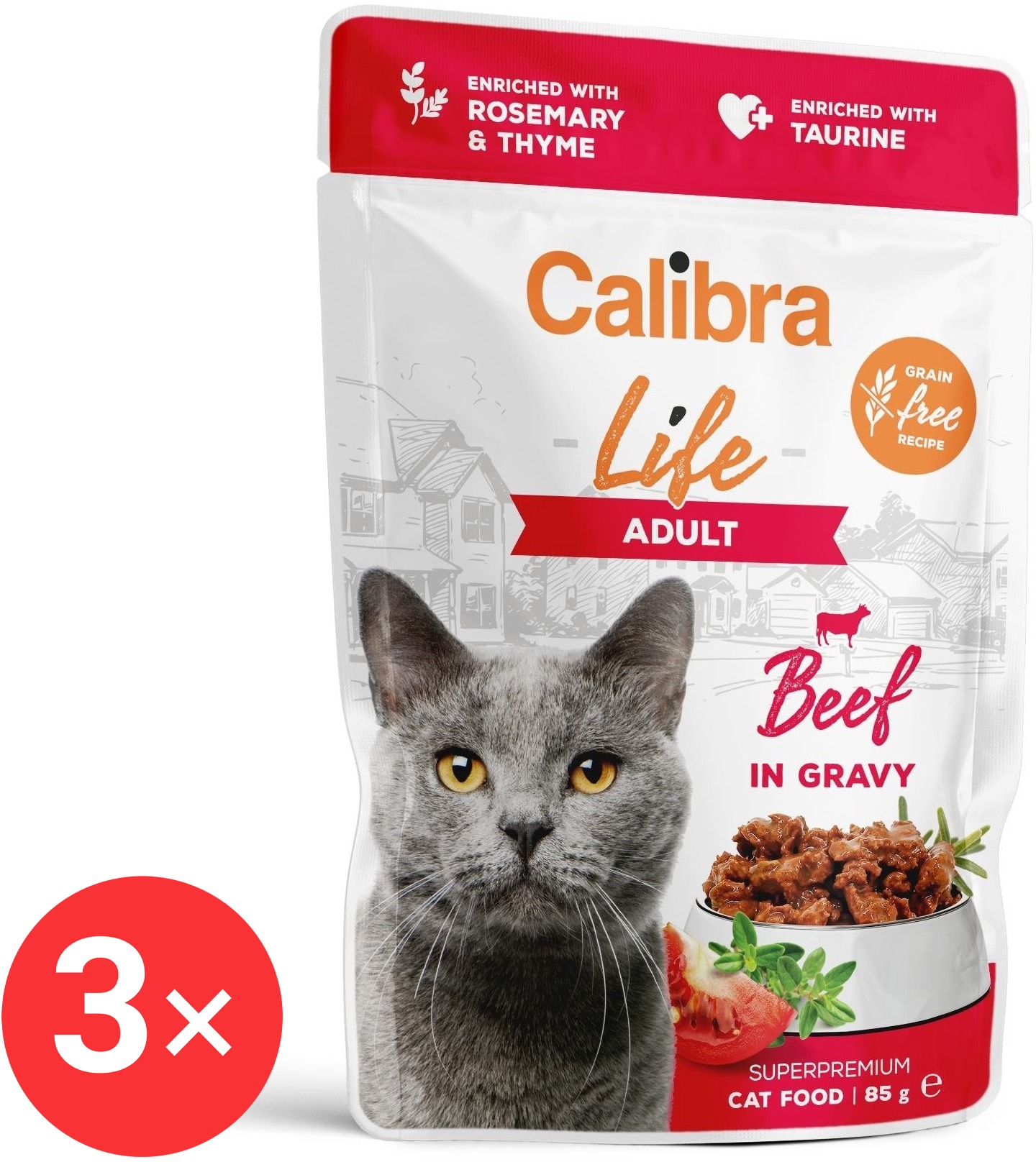 Calibra Cat Life kapsička pre dospelé mačky s hovädzím v omáčke 3× 85 g