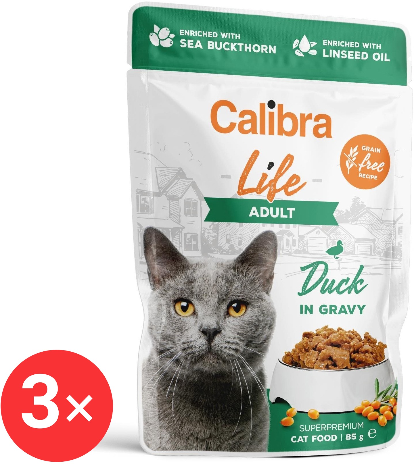 Calibra Cat Life kapsička pre dospelé mačky s kačacím v omáčke 3× 85 g