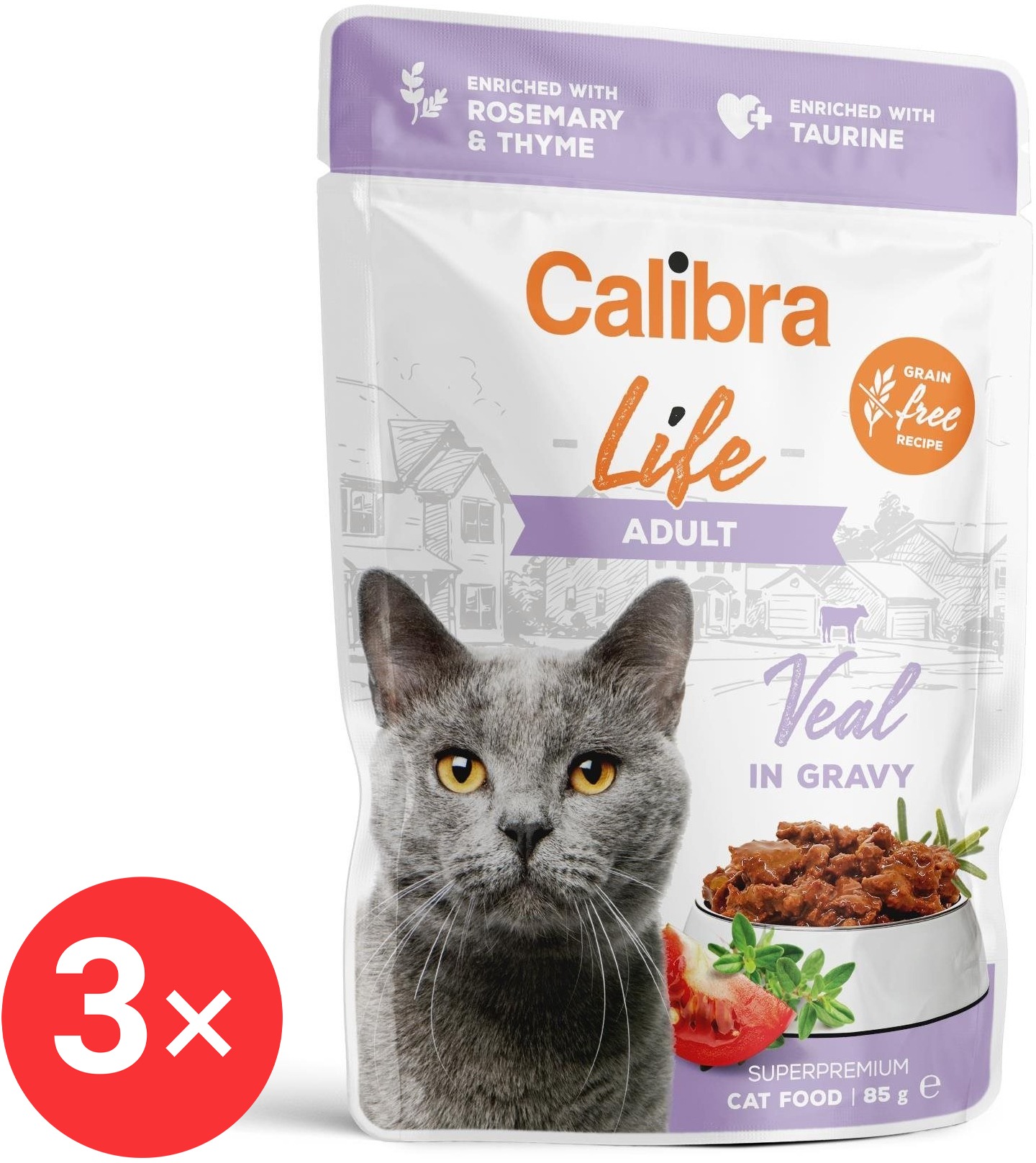 Calibra Cat Life kapsička pre dospelé mačky s teľacím v omáčke 3× 85 g