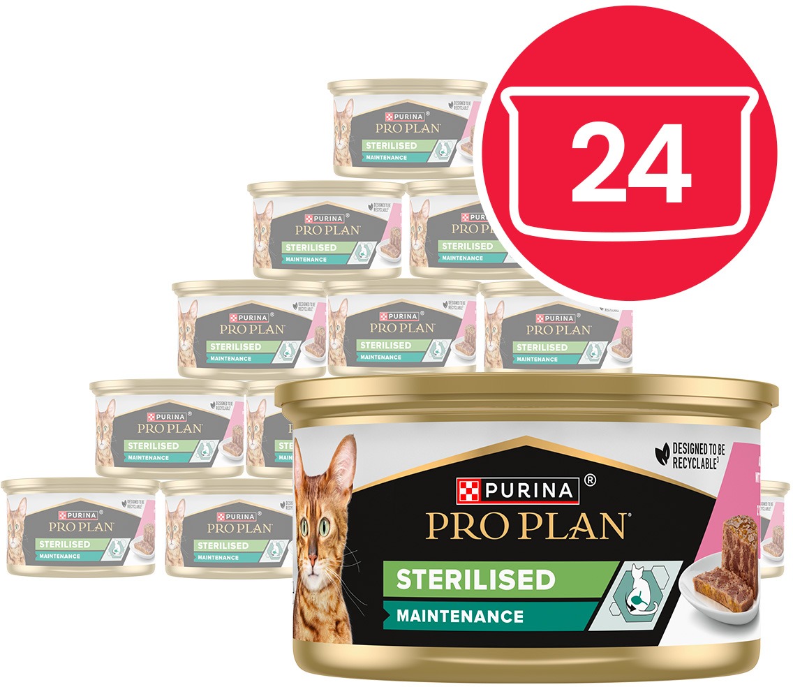 PRO PLAN Sterilised Maintenance konzervy pre mačky tuniak, losos paštéta 24× 85 g