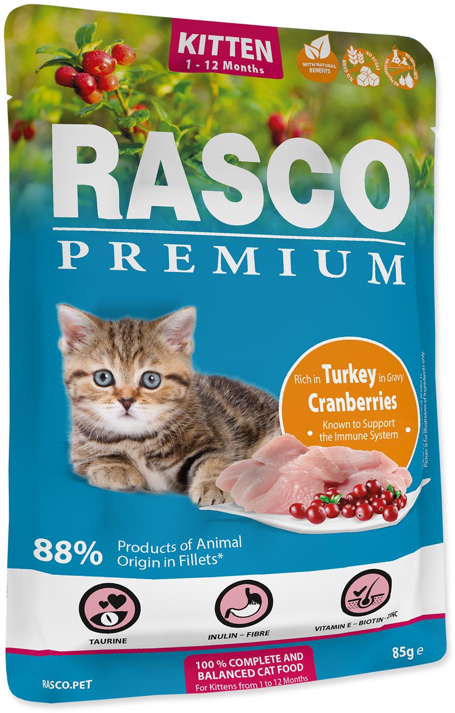 Rasco Kapsička Premium Kitten morčacie s brusnicou 85 g