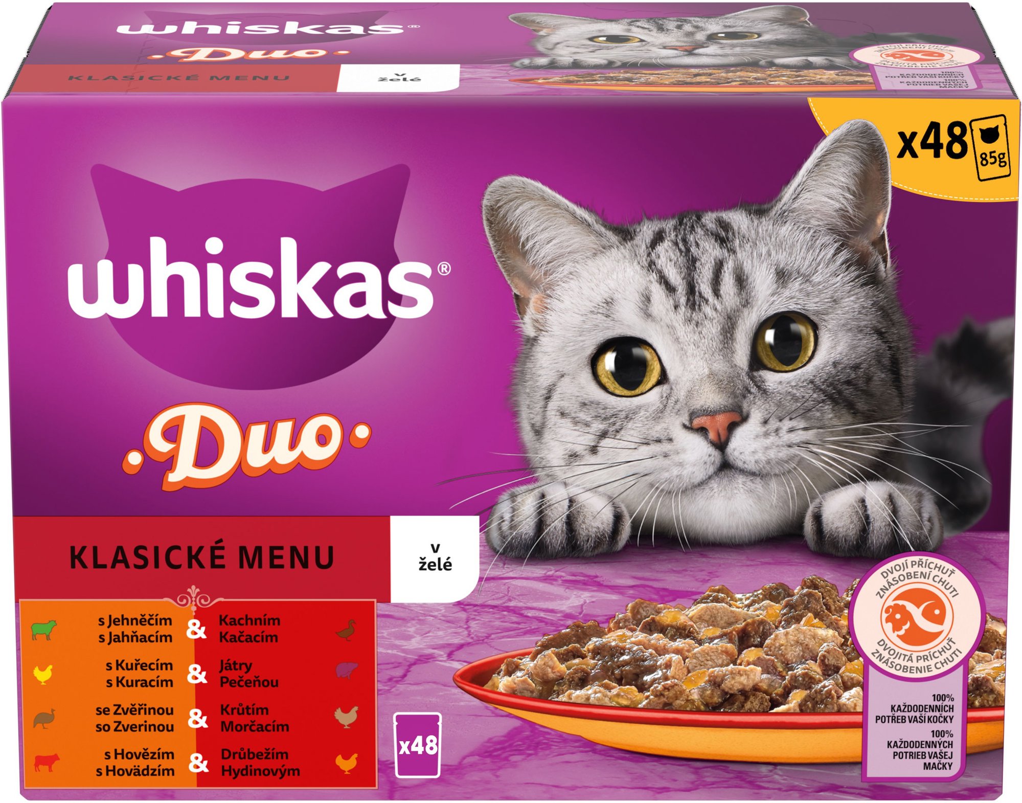 Whiskas 1+ Duo masové variácie krmivo pre dospelé mačky v želé, 48 × 85 g