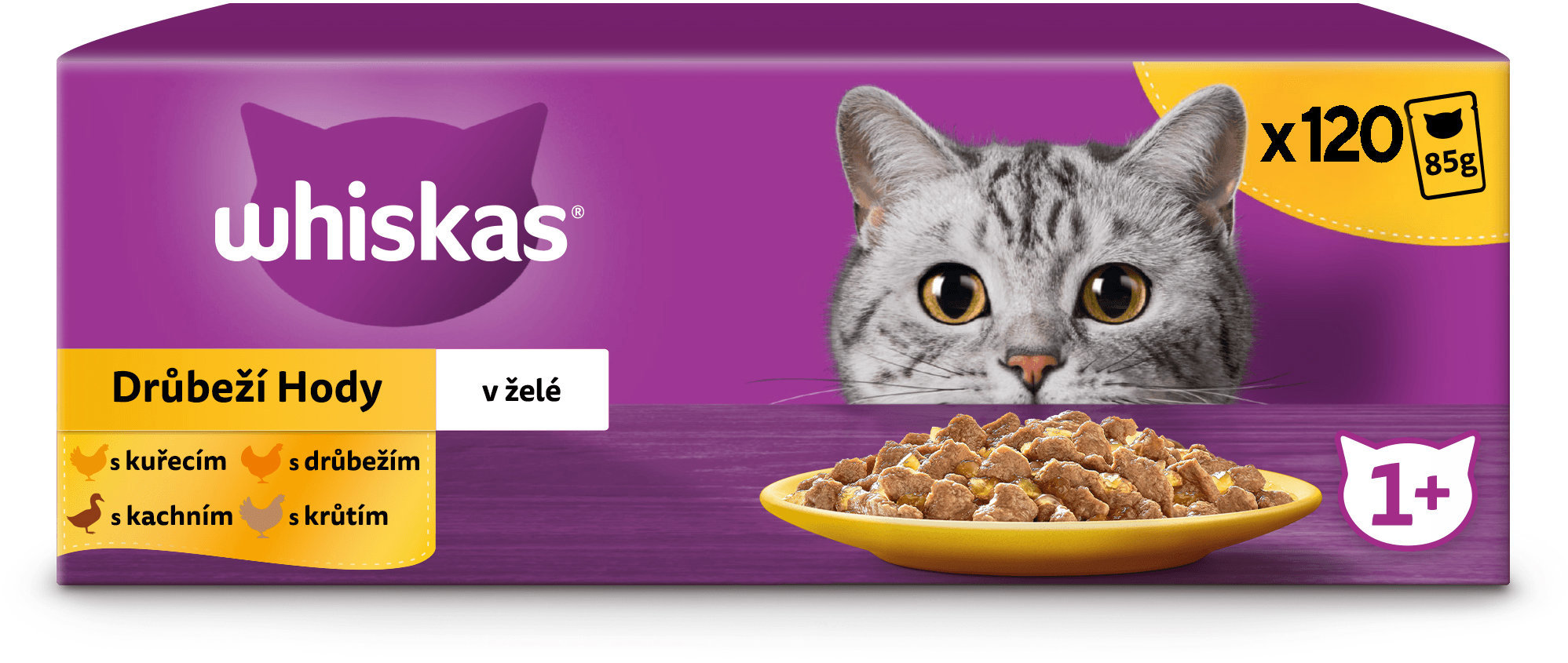 Whiskas 1+ – Hydinové hody, krmivo pre dospelé mačky v želé, 120 × 85 g