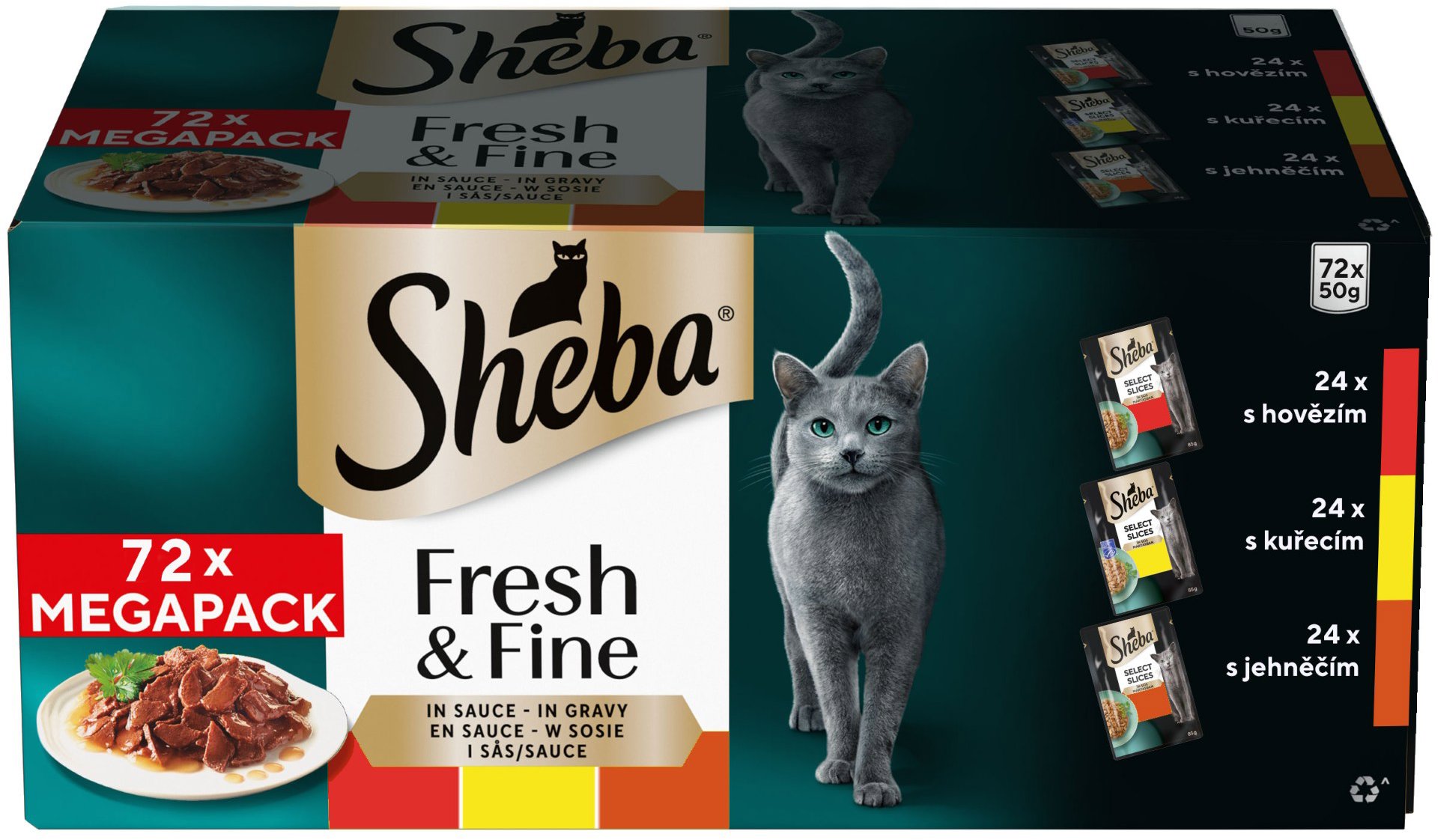 Sheba Fresh & Fine kuracie, hovädzie a jahňacie kapsičky v omáčke 72× 50 g