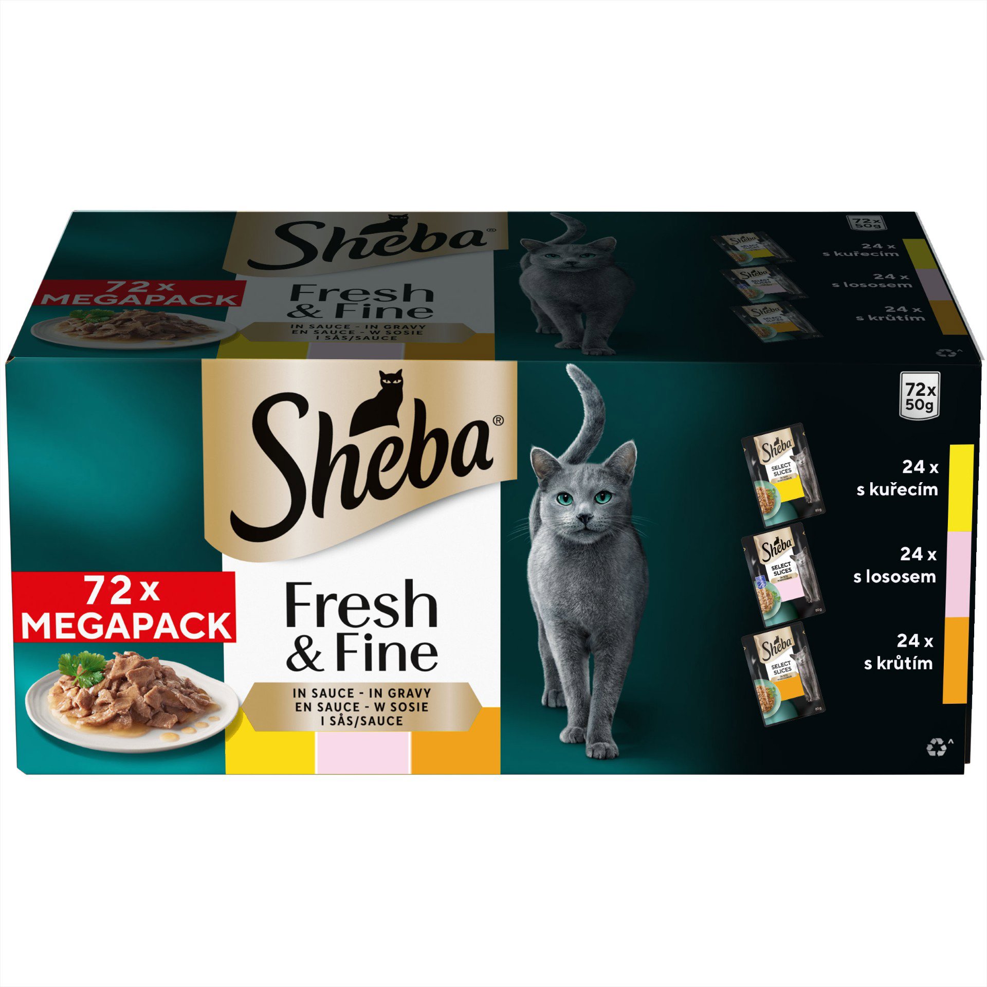 Sheba Fresh & Fine kuracie, lososové a morčacie kapsičky v omáčke 72× 50 g