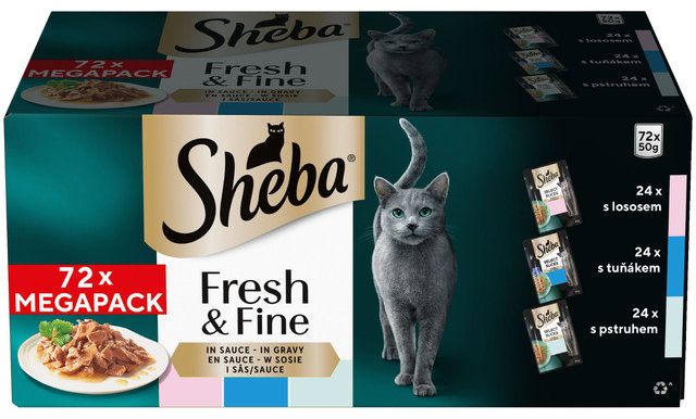 Sheba Fresh & Fine tuniakové, lososové a pstružie kapsičky v omáčke 72× 50 g