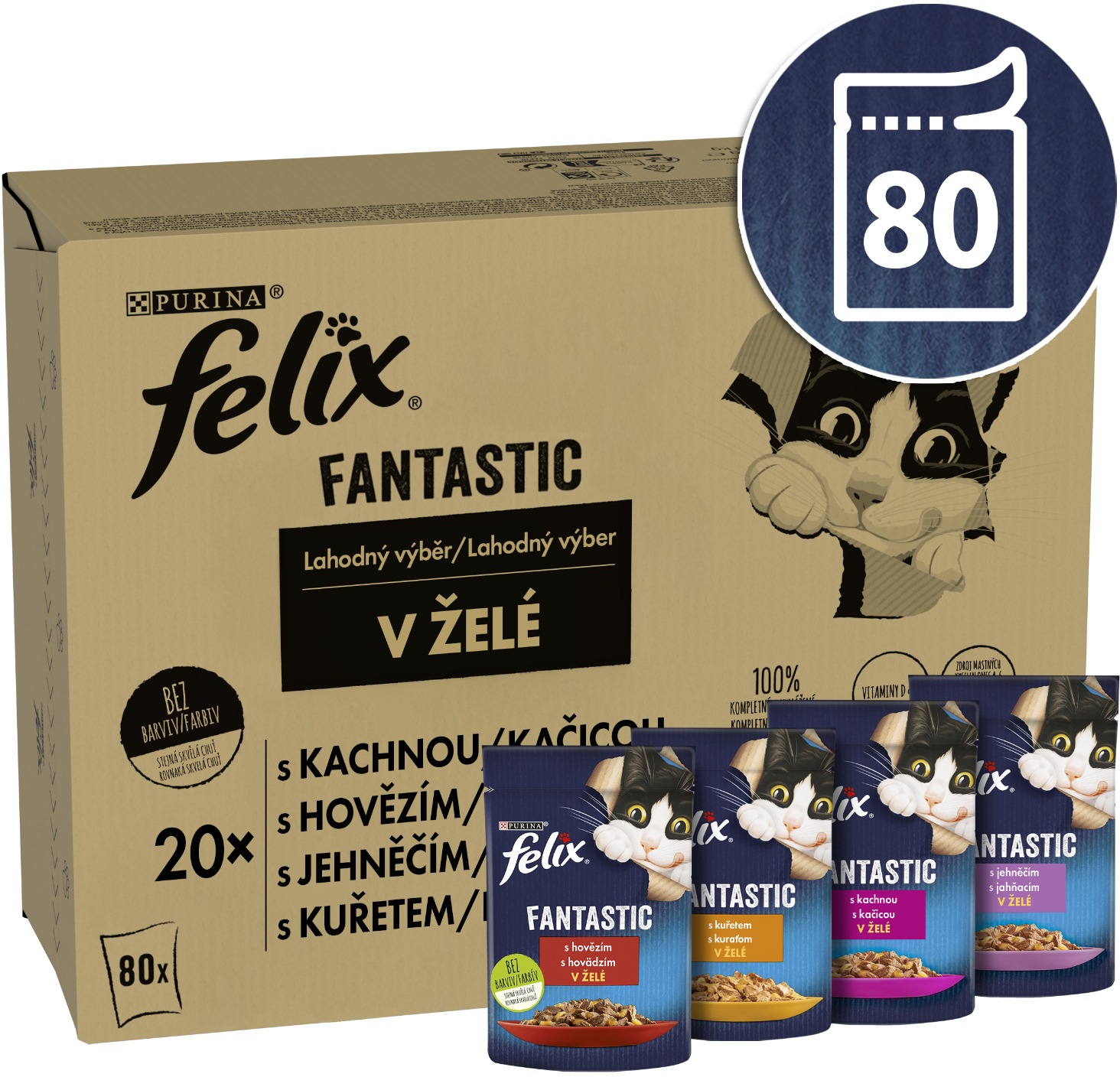 Felix Fantastic kapsičky pre mačky hovädzie, kurča, kačica, jahňacie v želé 80× 85 g