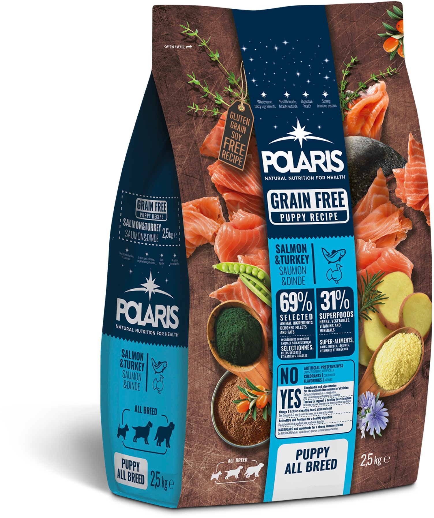 Polaris bezobilné granule s čerstvým mäsom Junior s lososom a morčacím 2,5 kg