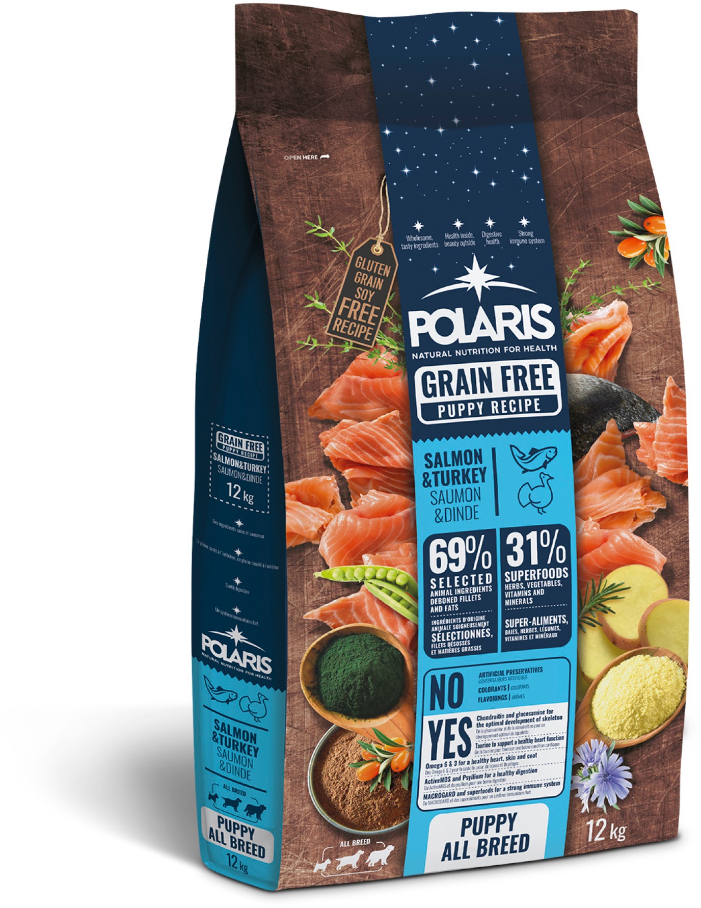 Polaris bezobilné granule s čerstvým mäsom Junior s lososom a morčacím 12 kg