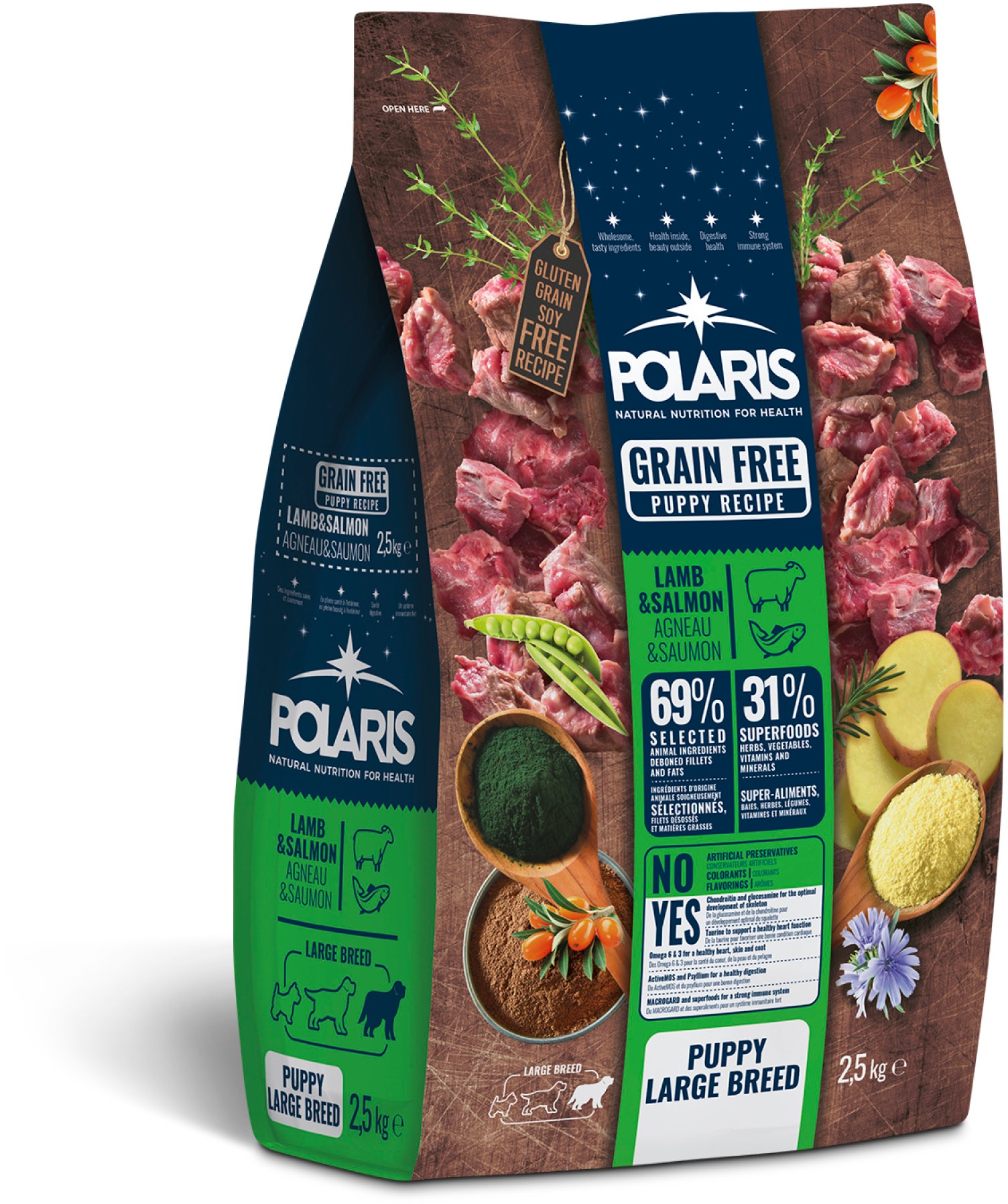 Polaris bezobilné granuly s čerstvým mäsom Junior Large Breed jahňa, losos 2,5 kg