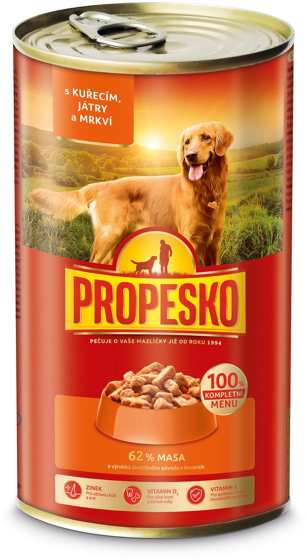 Propesko konzerva pre psov s kuracím, pečienkou a mrkvou v omáčke 1240 g