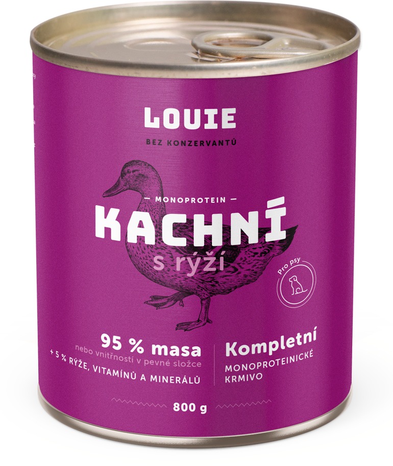 LOUIE Kompletné monoproteínové krmivo – kačacie (95 %) s ryžou (5 %) 800 g