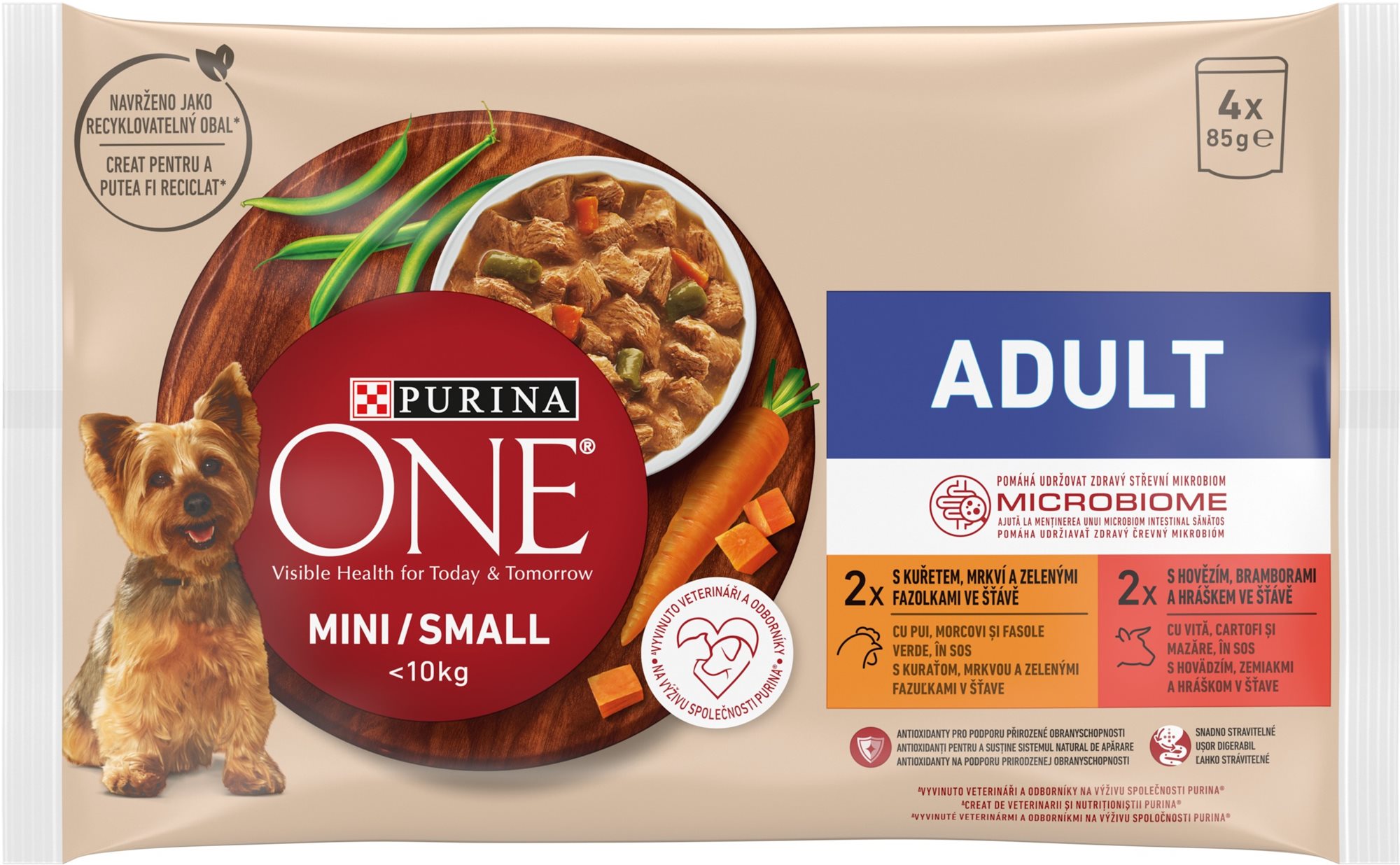 Purina ONE Mini Dog Adult kapsičky pre psov kura, hovädzie v šťave 4× 85 g