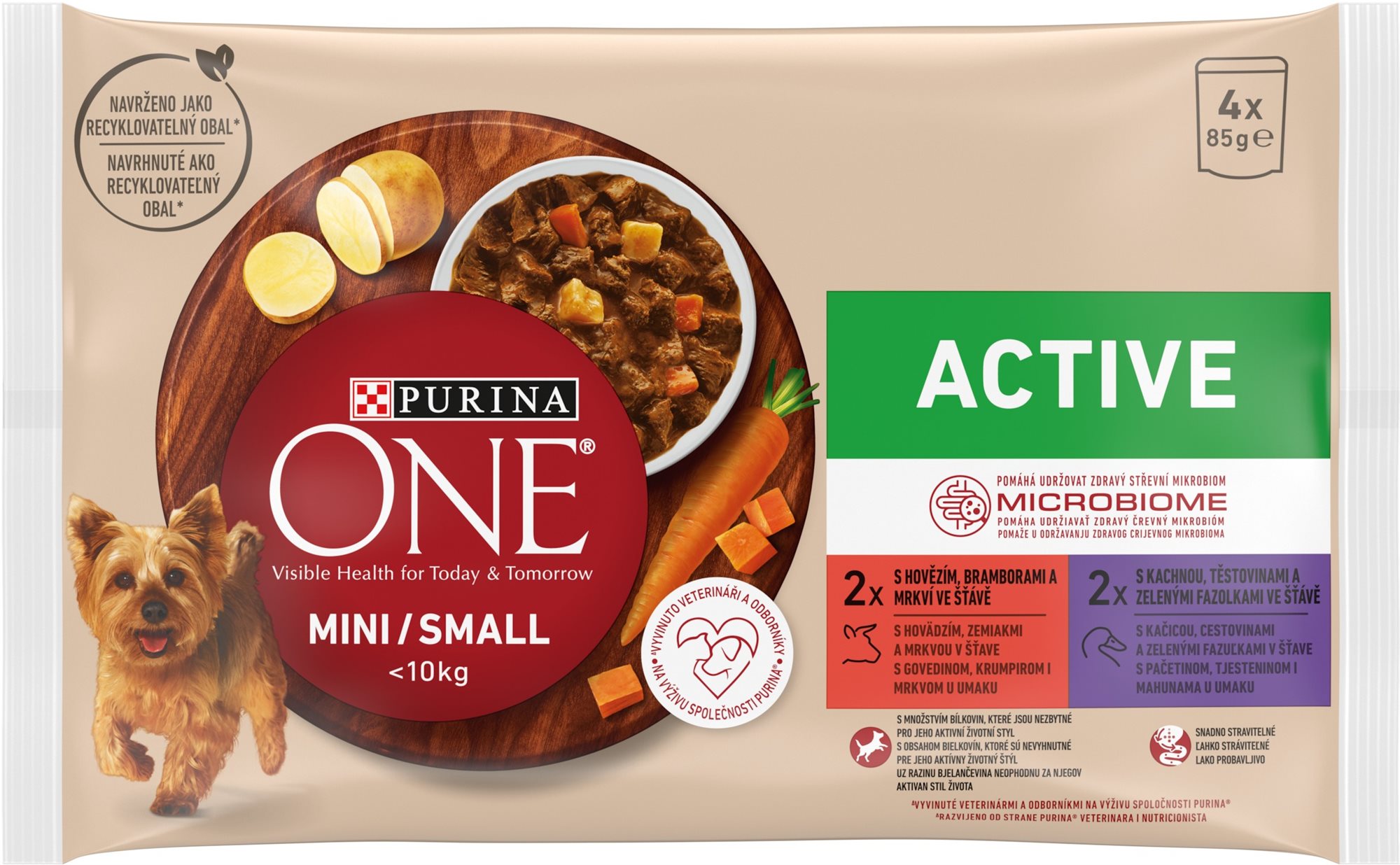 Purina ONE Mini Dog Active vrecká pre psov hovädzie, kačica v šťave 4× 85 g
