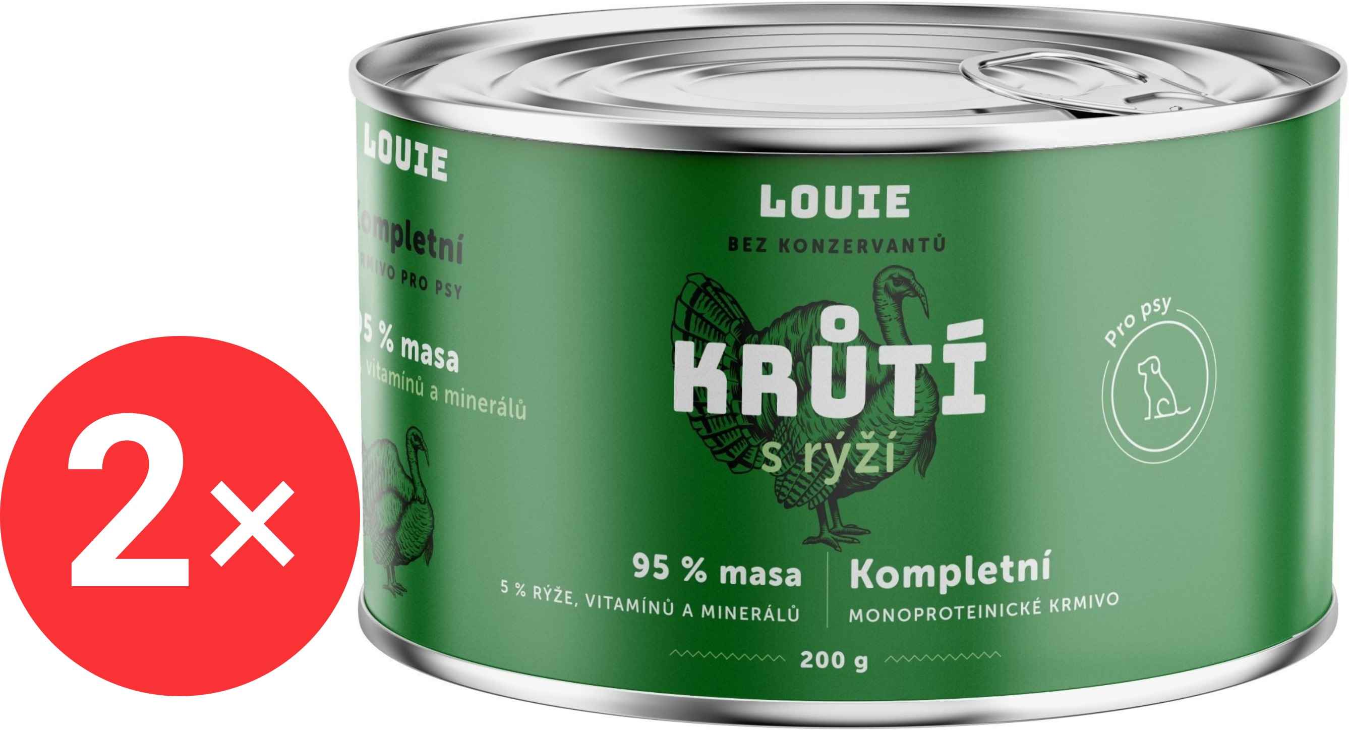 LOUIE Kompletné monoproteínové krmivo morka (95 %) s ryžou (5 %) 2× 200 g