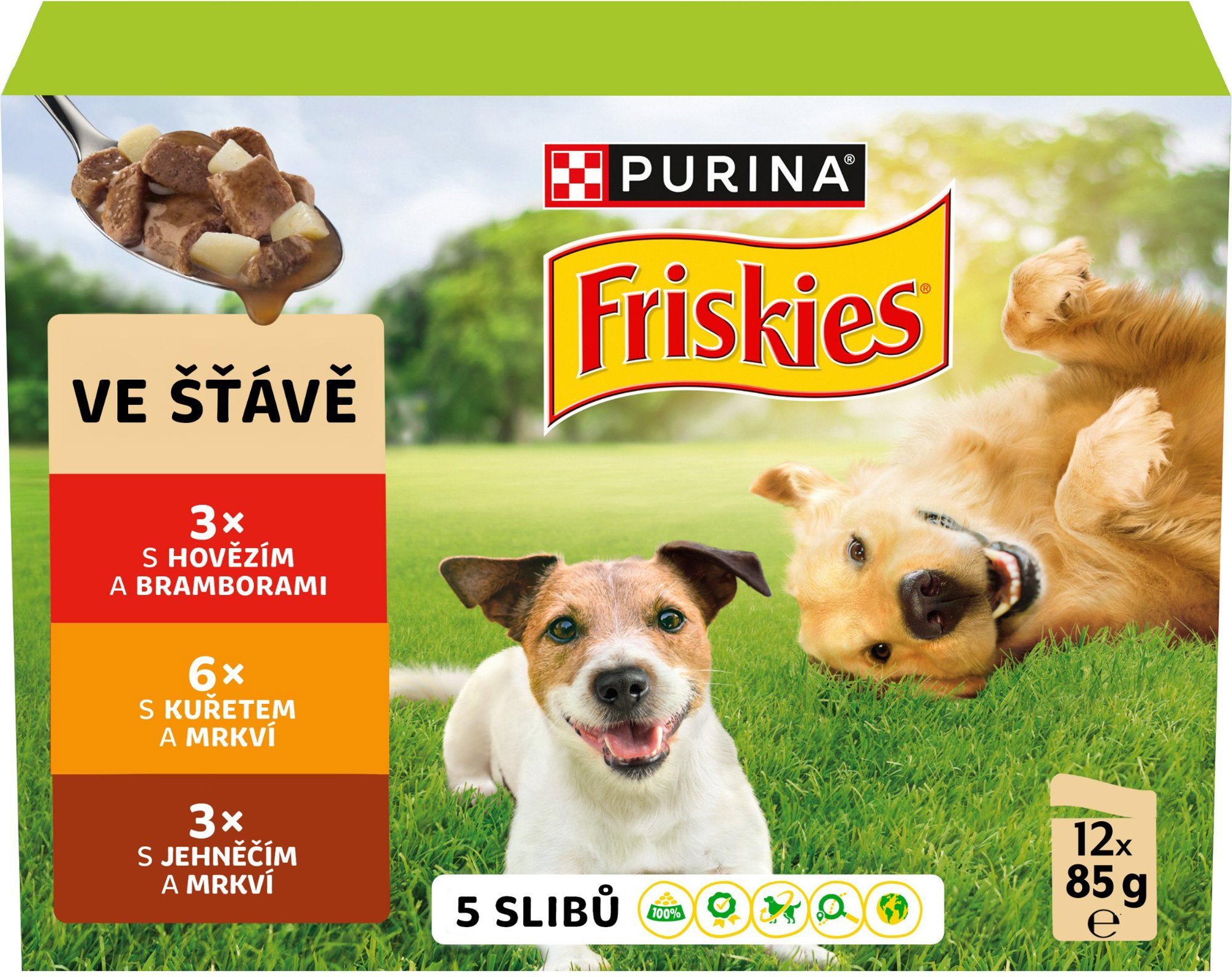 Friskies Adult kapsičky pre psov hovädzie, kura, jahňacie v šťave 12× 85 g