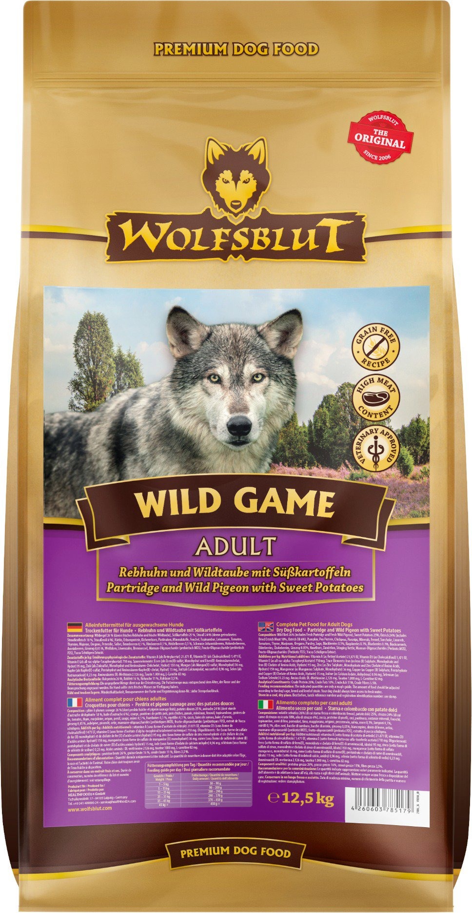 Wolfsblut Dog Adult Wild Game jarabica a divoký holub 12,5 kg