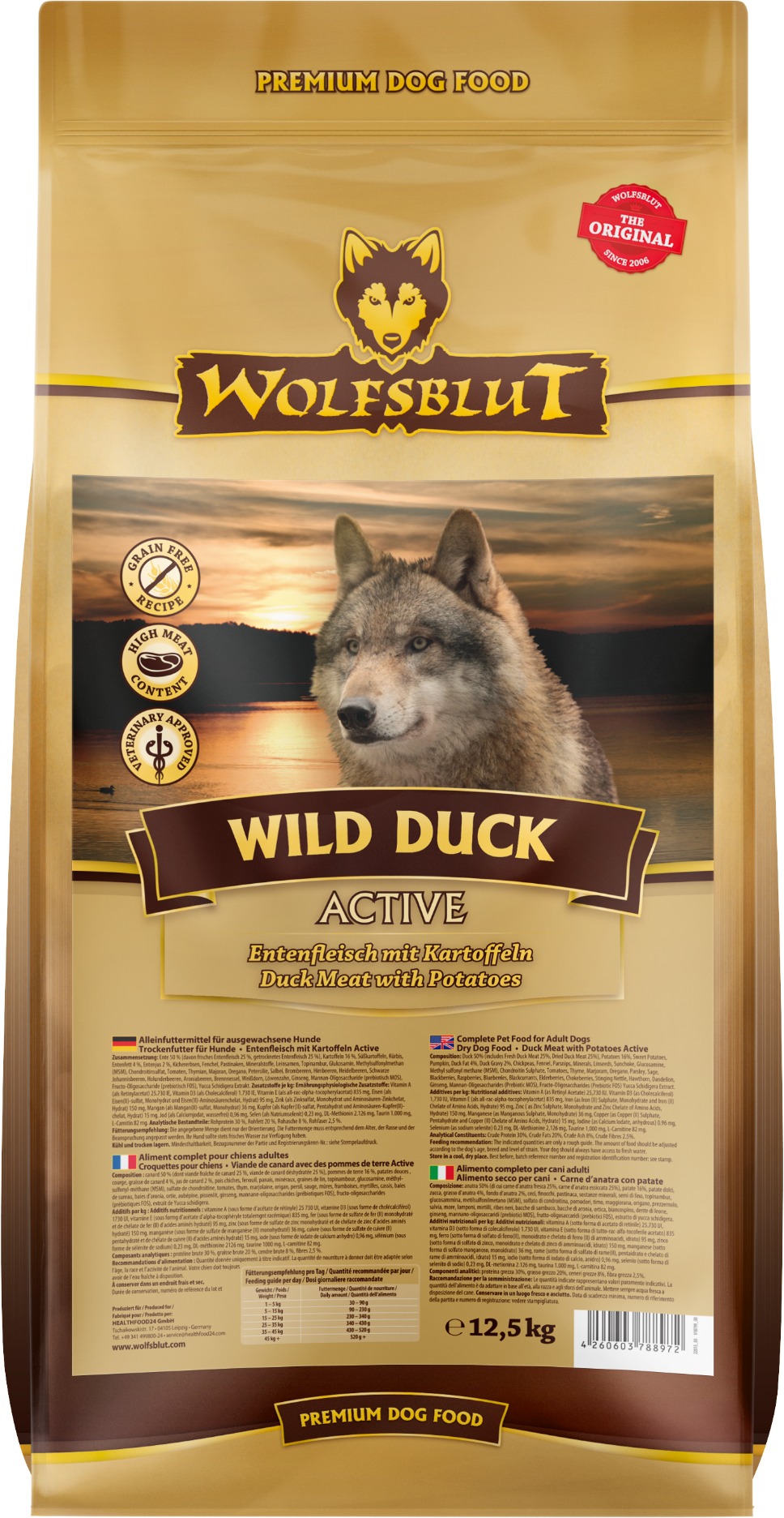 Wolfsblut Dog Active Wild Duck kačica so zemiakmi 12,5 kg