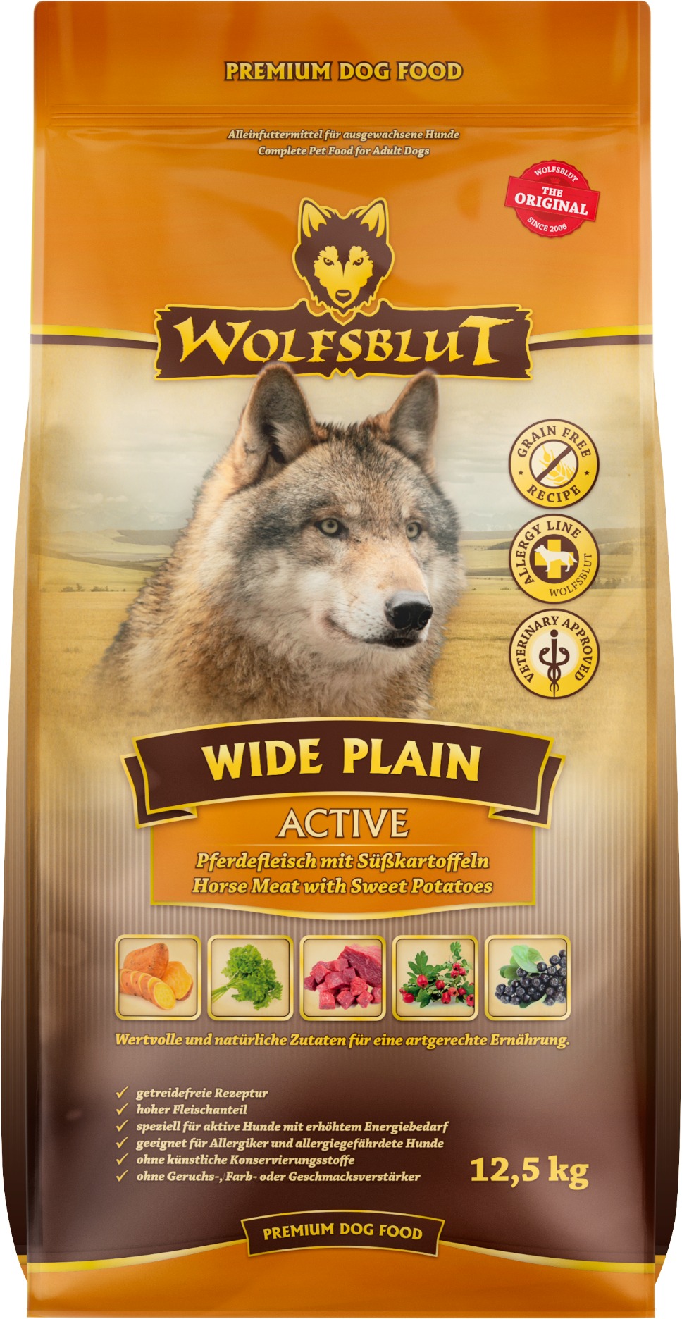 Wolfsblut Dog Active Wide Plain kôň s batatmi 12,5 kg