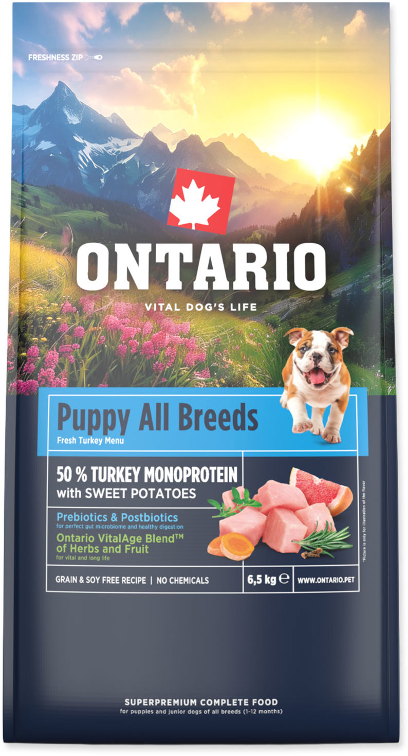 Ontario Puppy & Junior All Breeds Monoproteín Turkey & Sweet Potatoes 6,5 kg