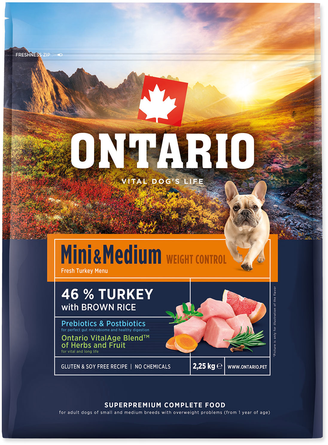 Ontario Mini & Medium Weight Control Turkey & Brown Rice 2,25 kg