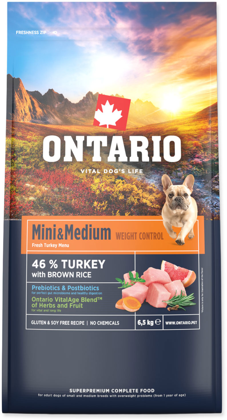 Ontario Mini & Medium Weight Control Turkey & Brown Rice 6,5 kg