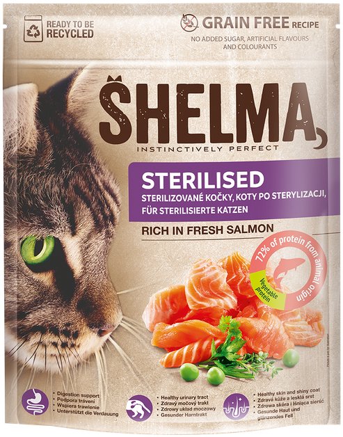 Shelma FM Sterile granuly bez obilnín pre dospelé mačky s lososom 1,4 kg