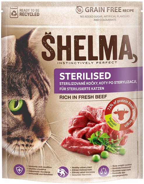 Shelma FM Sterile granuly bez obilnín pre dospelé mačky s hovädzím 1,4 kg