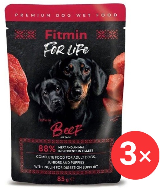Fitmin For Life, Hovädzie vrecko pre šteňatá a dospelé psy s inulínom, 3 × 85 g