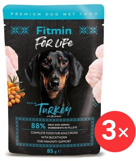 Fitmin For Life, Morčacie vrecko pre dospelých psov s rakytníkom, 3 × 85 g