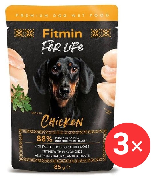 Fitmin For Life, Kuracie vrecko pre dospelých psov s bylinkami, 3 × 85 g