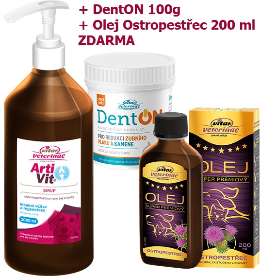 Vitar Veterinae Artivit sirup 1000 ml + DentON 100 g + pestrec olej 200 ml