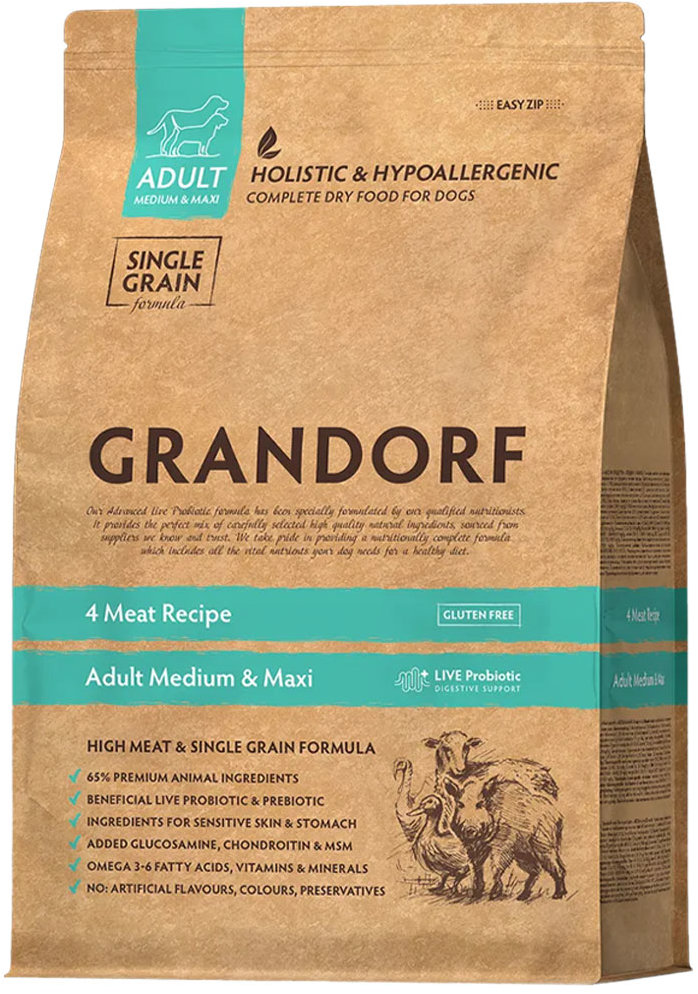 Grandorf granuly pre psov Adult Medium & Maxi – 4 druhy mäsa 10 kg