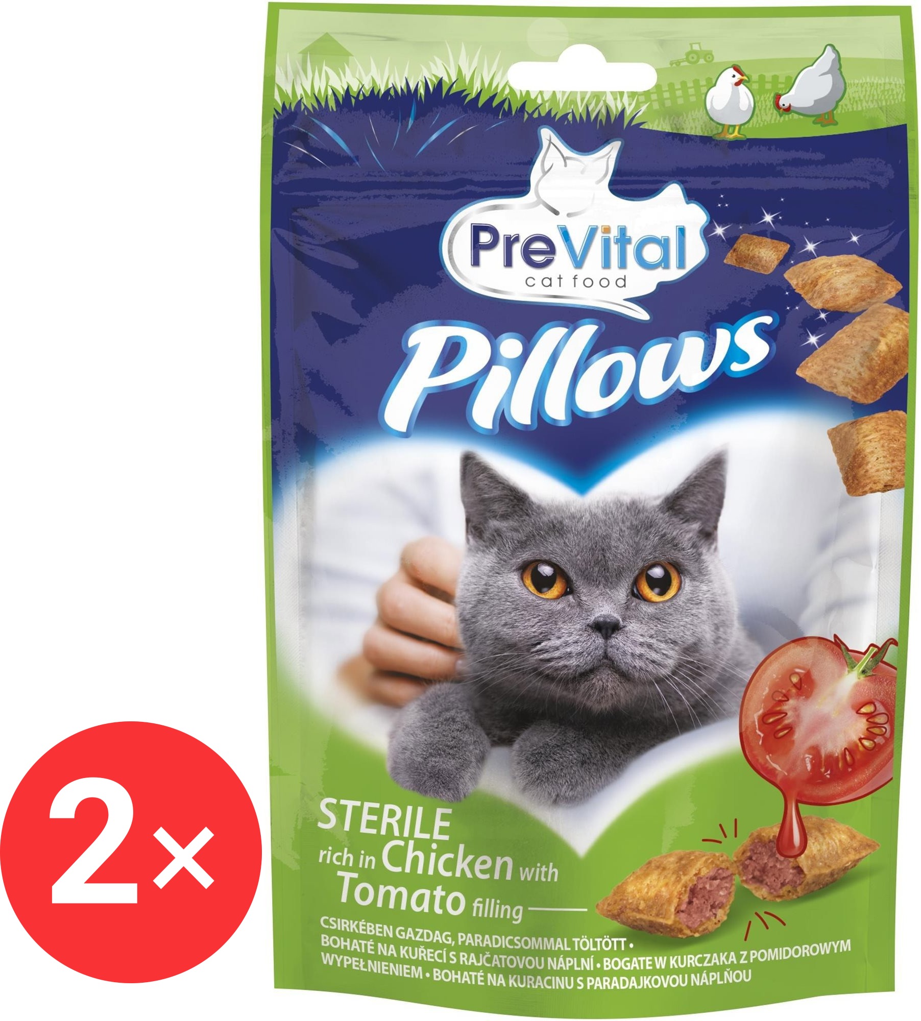 PreVital Pillows Vankúšiky pre sterilizované mačky s kuracím a paradajkou 2× 60 g
