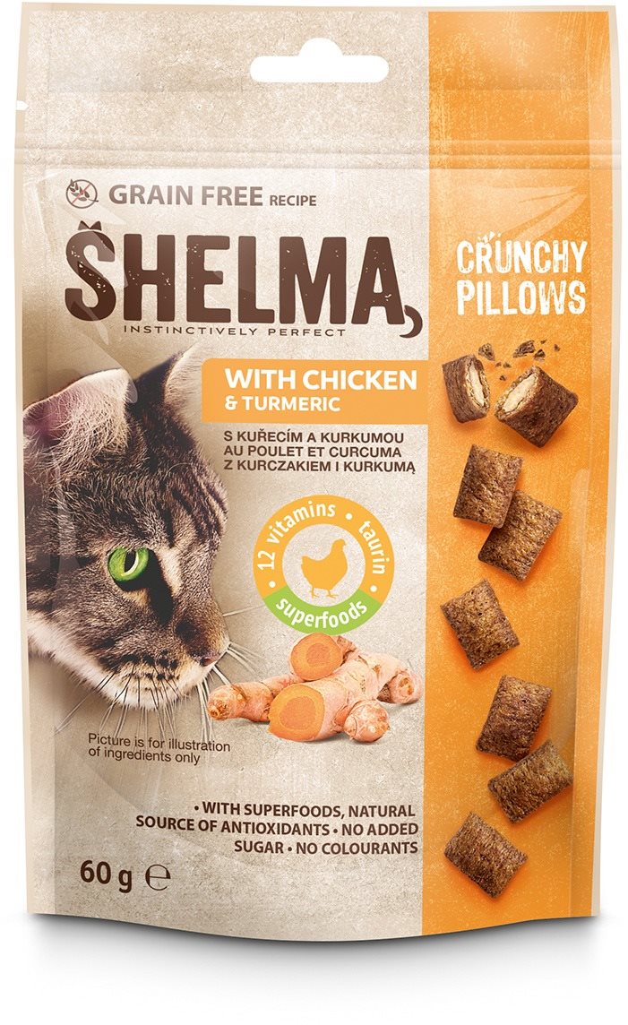 Shelma bezobilné vankúšiky pre mačku s kuracím a kurkumou 60 g