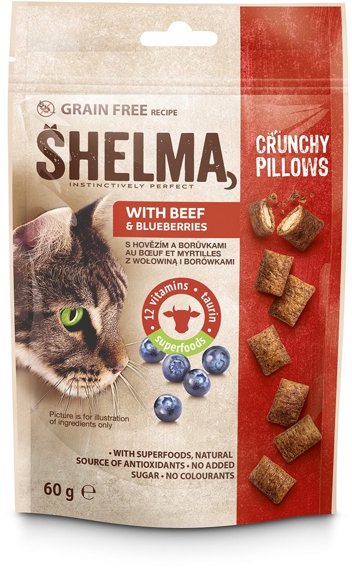 Shelma bezobilné vankúšiky pre mačku s hovädzím a čučoriedkami 60 g