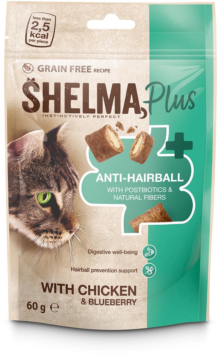 Shelma Anti-hairball bezobilné vankúšiky, kurča, čučoriedky 60 g