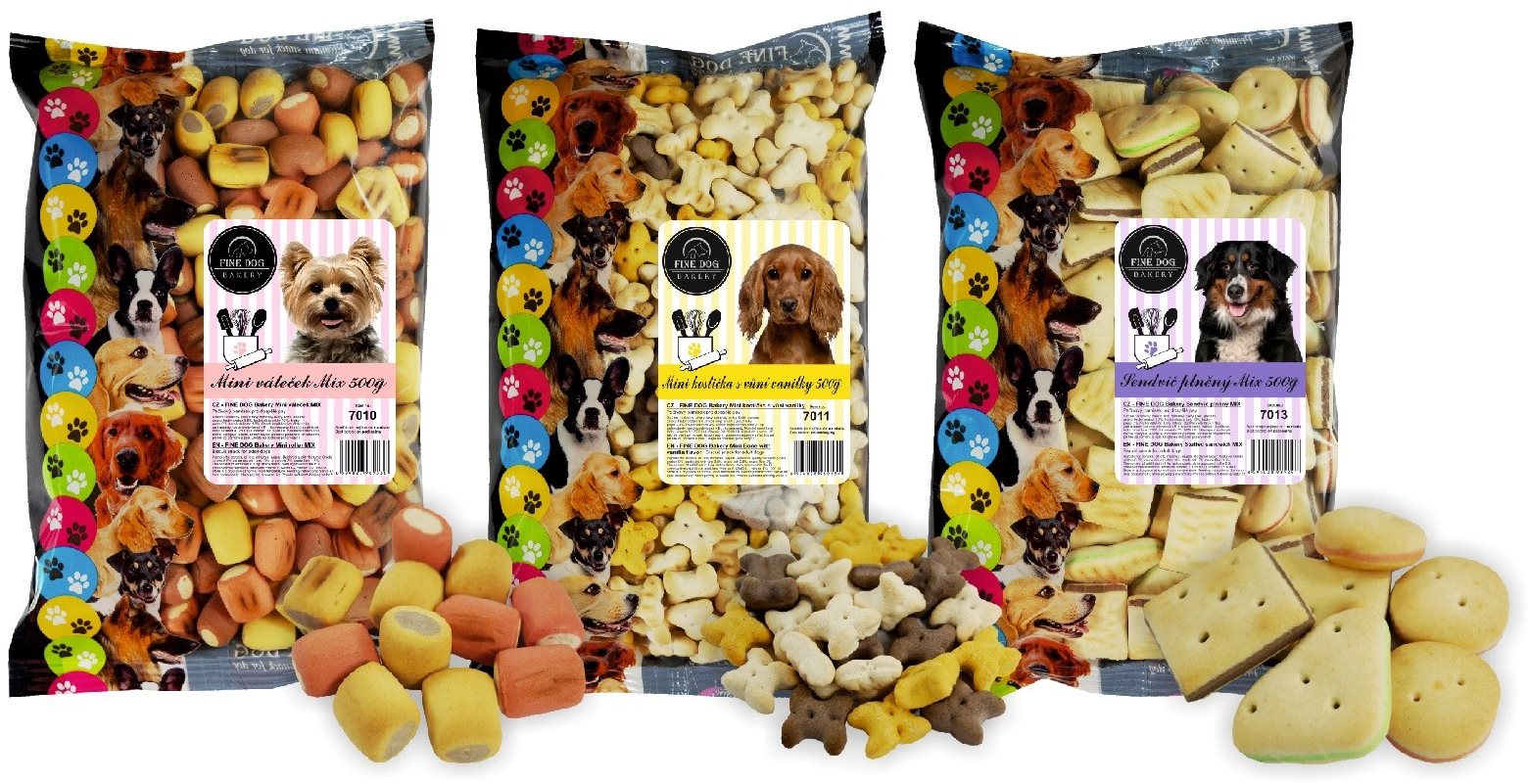 Fine Dog bakery pre malé plemená psov – 500g mini valček + 500g kostička vanilka + 500g sendvič mix