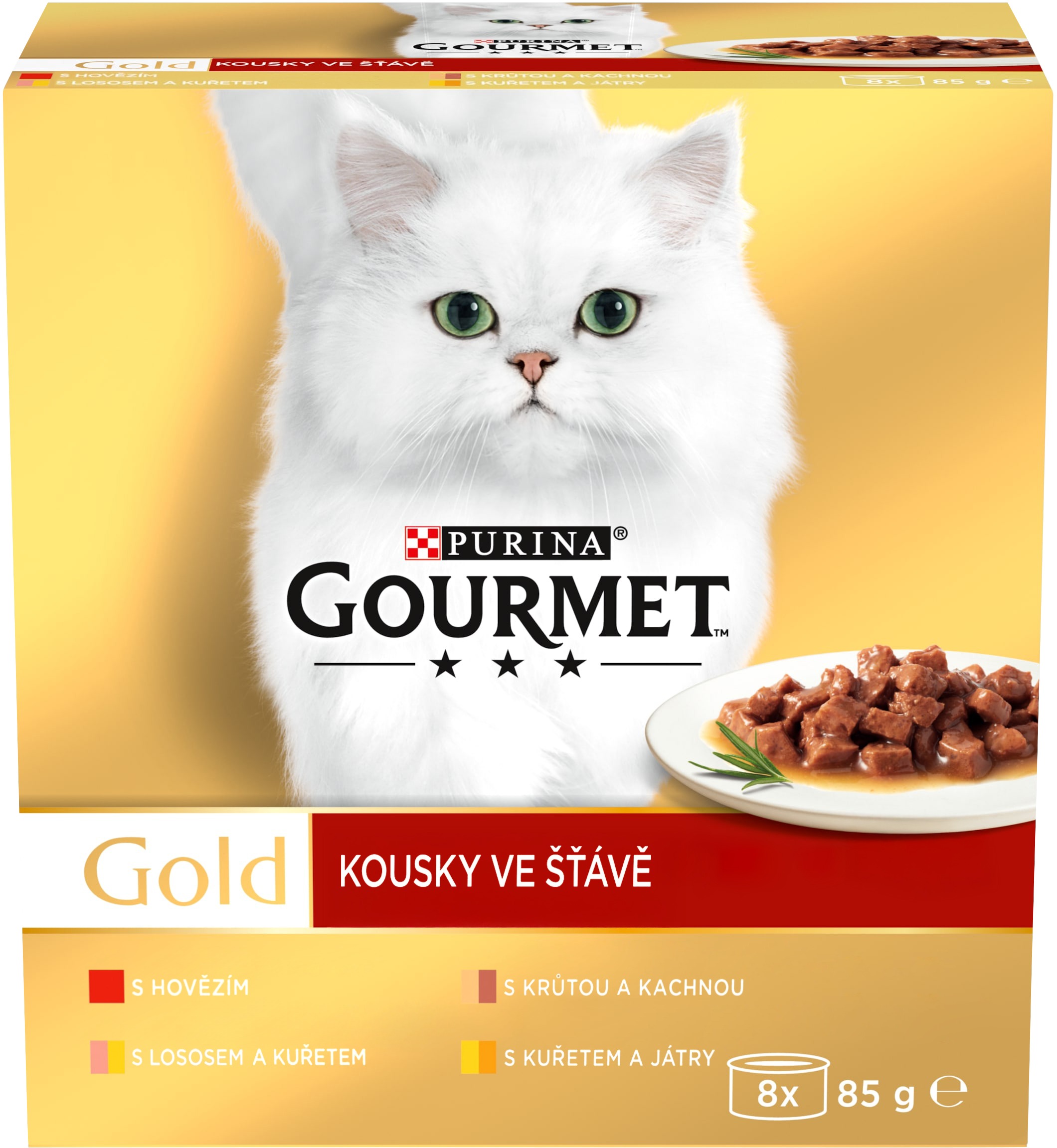 Gourmet Gold konzervy pre mačky hovädzie, morka a kačica, losos a kura, kura a pečeň v šťave 8× 85 g