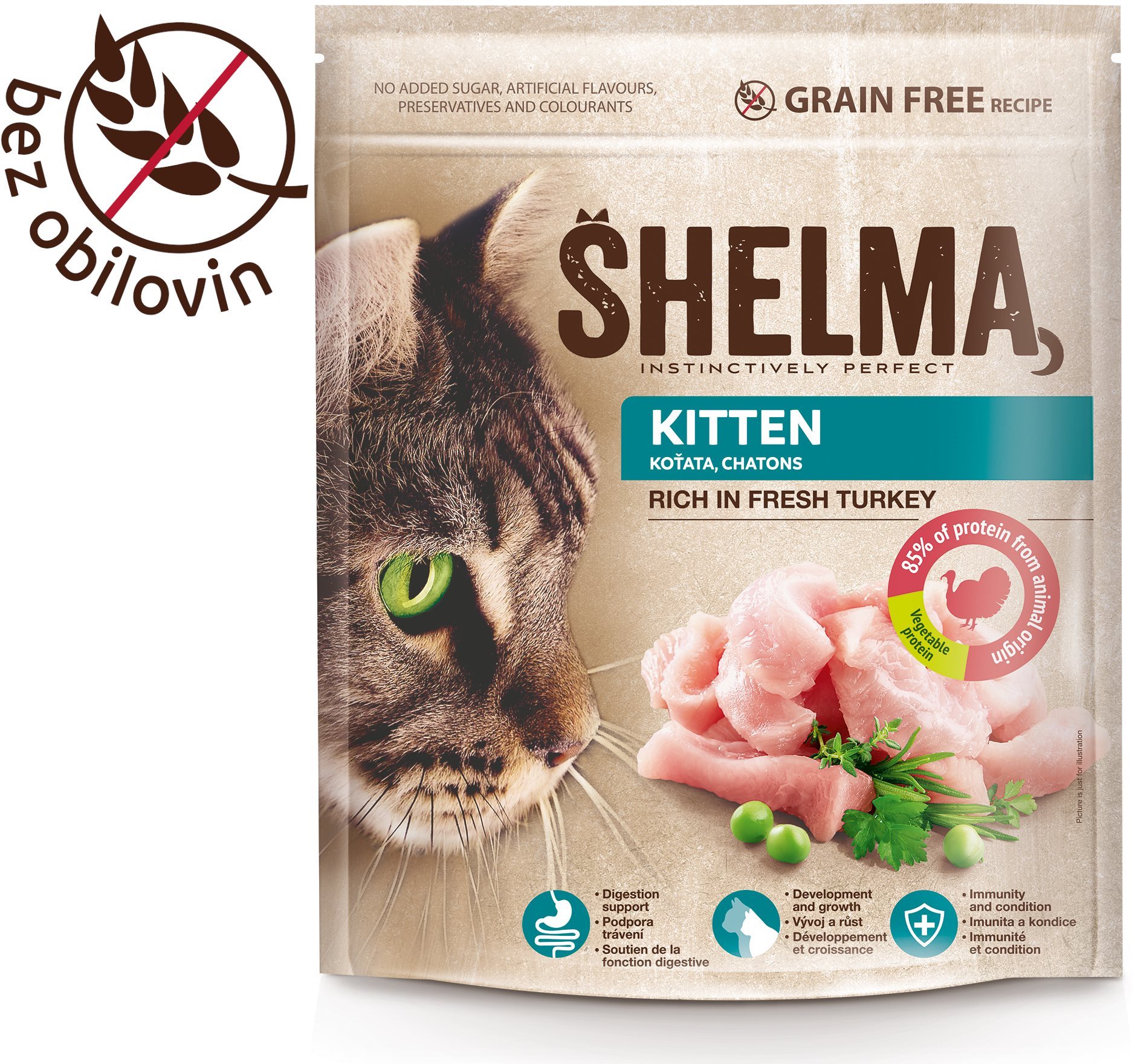 Shelma Junior bezobilné granule s čerstvým morčacím pre mačiatka 750 g
