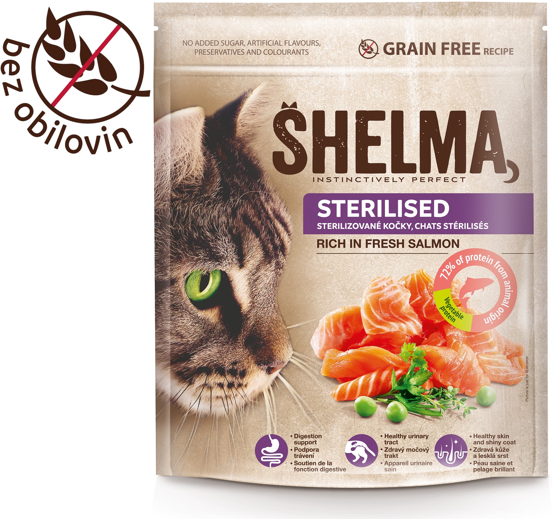 Shelma Sterile bezobilné granule s čerstvým lososom pre dospelé mačky 750 g