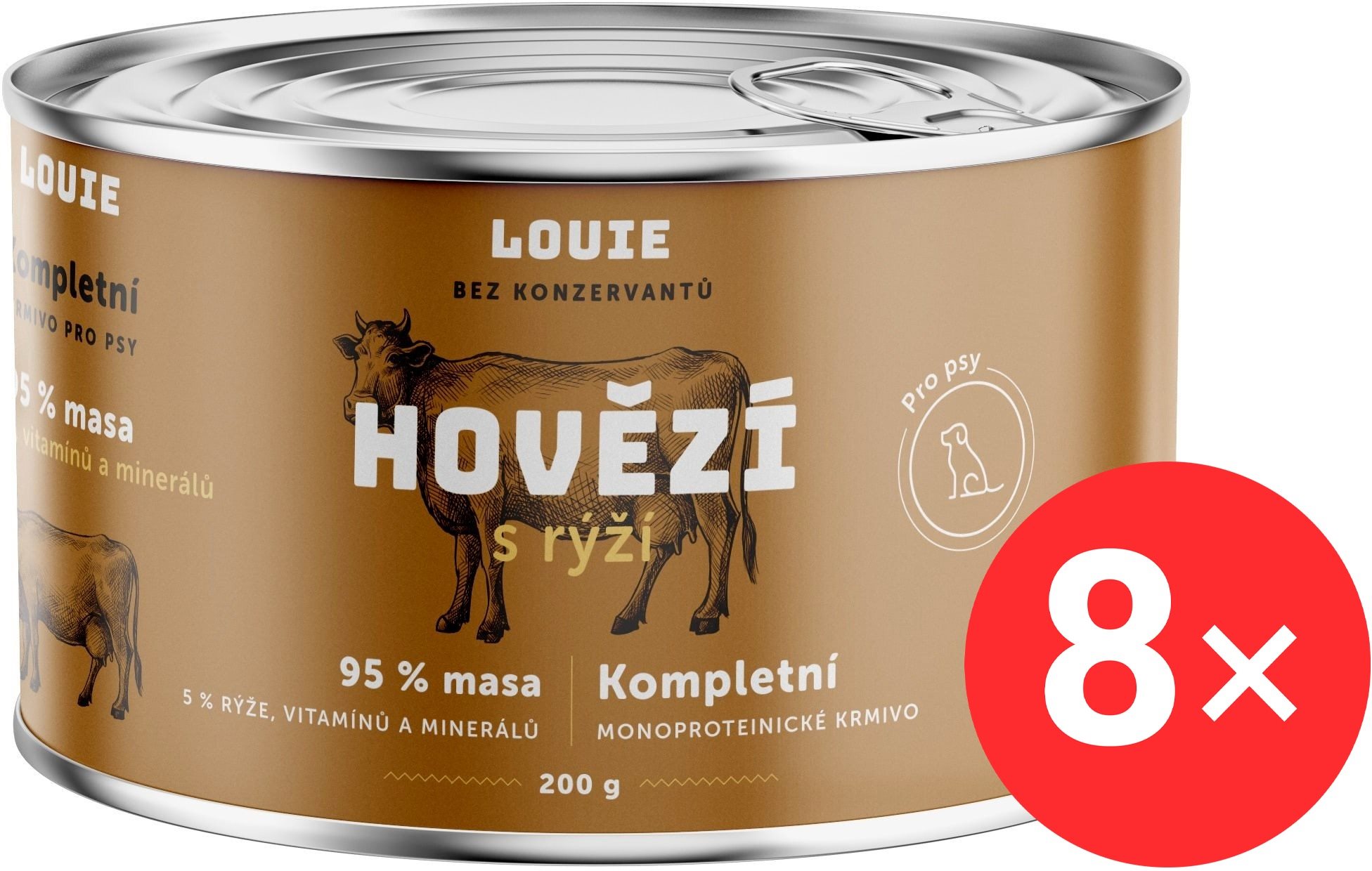 LOUIE Kompletné monoproteínové krmivo – hovädzie (95 %) s ryžou (5 %) 8× 200 g