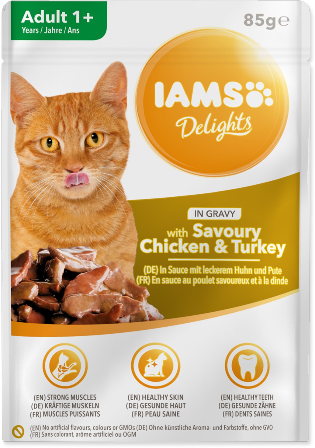 IAMS Delights pre dospelé mačky – s kuracím a morčacím v omáčke 85 g