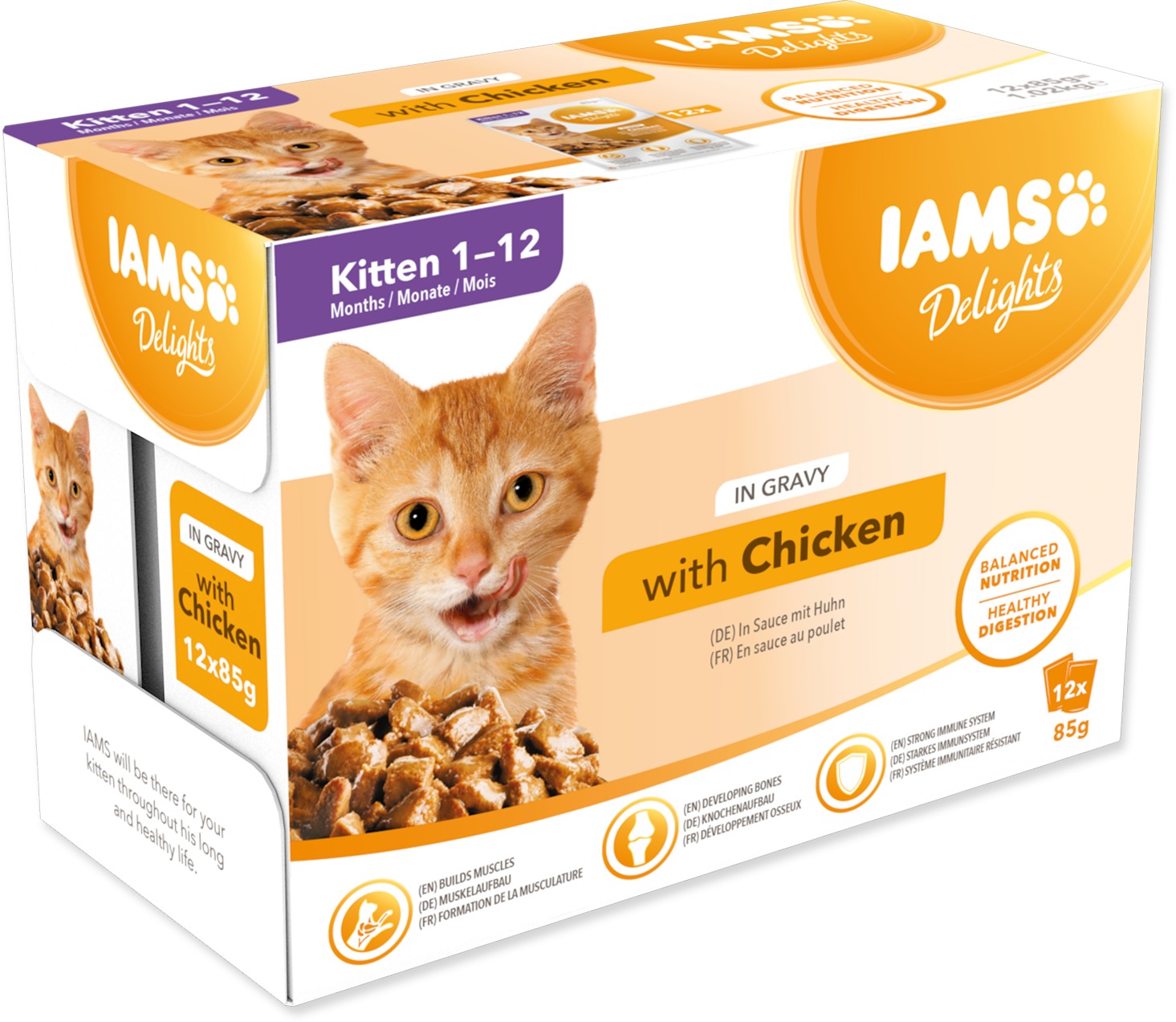 IAMS Delights pre mačiatka s kuracím v omáčke multipack 12× 85 g